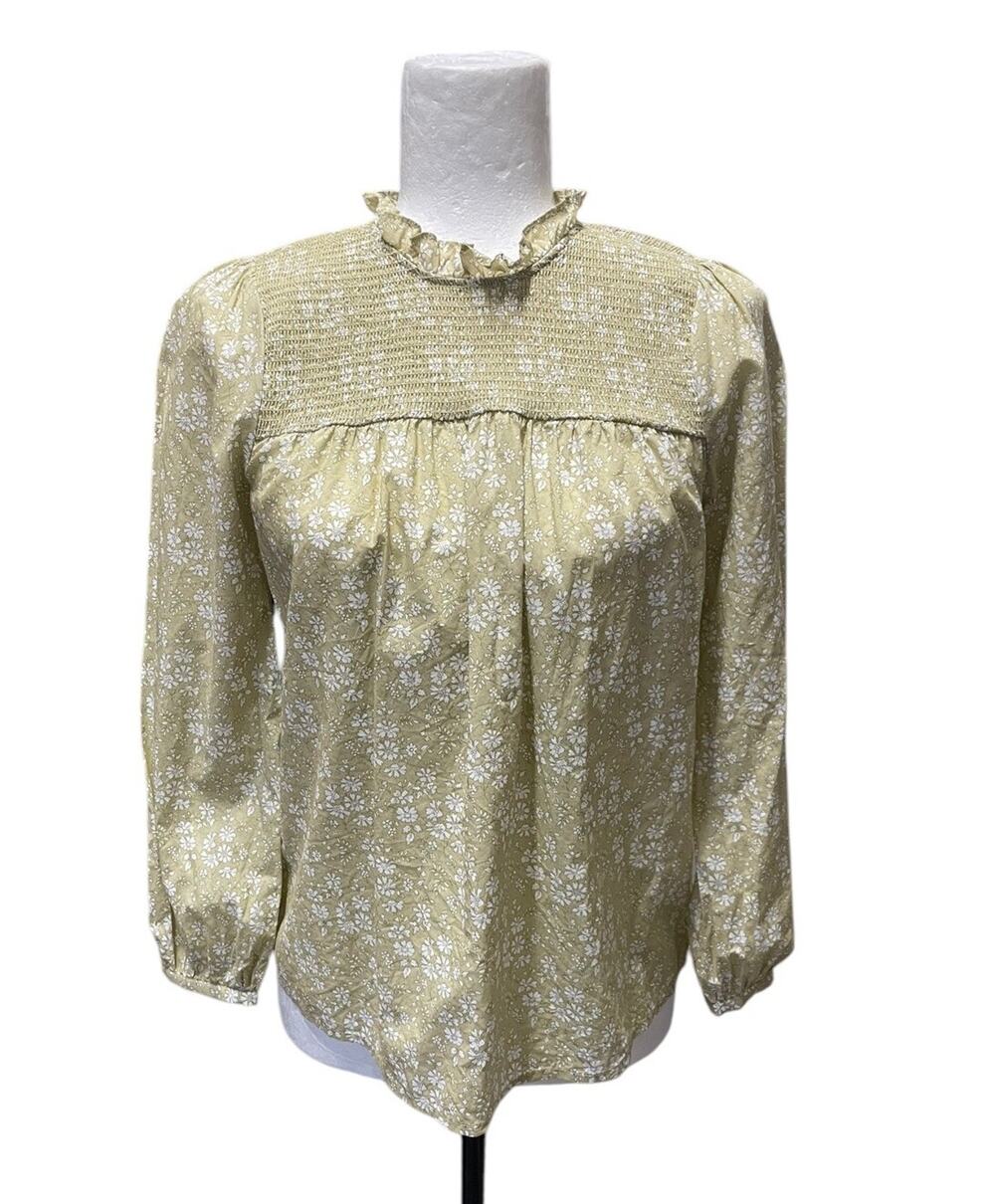 J Crew Liberty Fabric Long Sleeve Smocked Button Back Prairie Top Size XXS